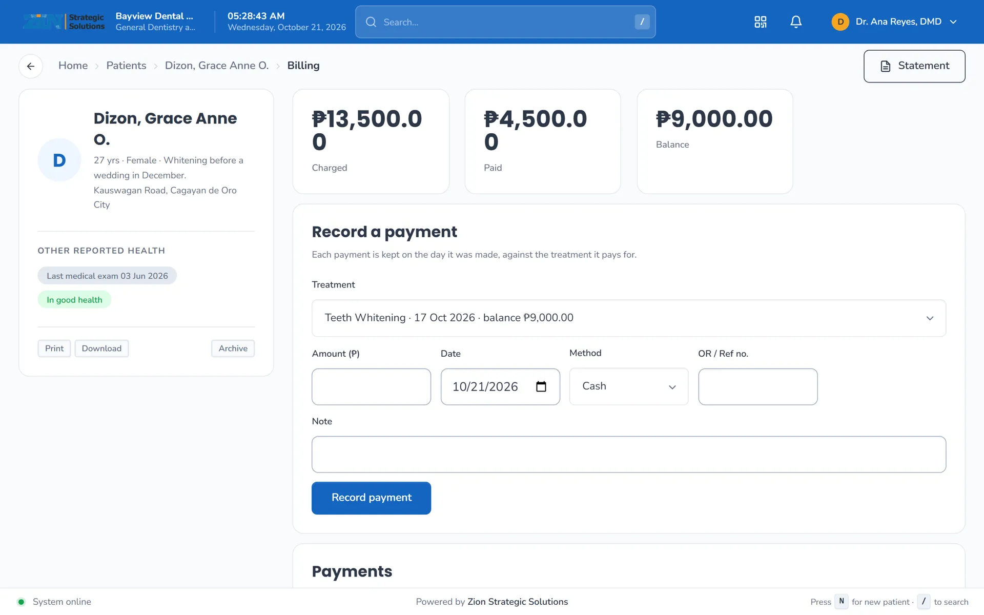 Patient ledger with payments and an installment plan