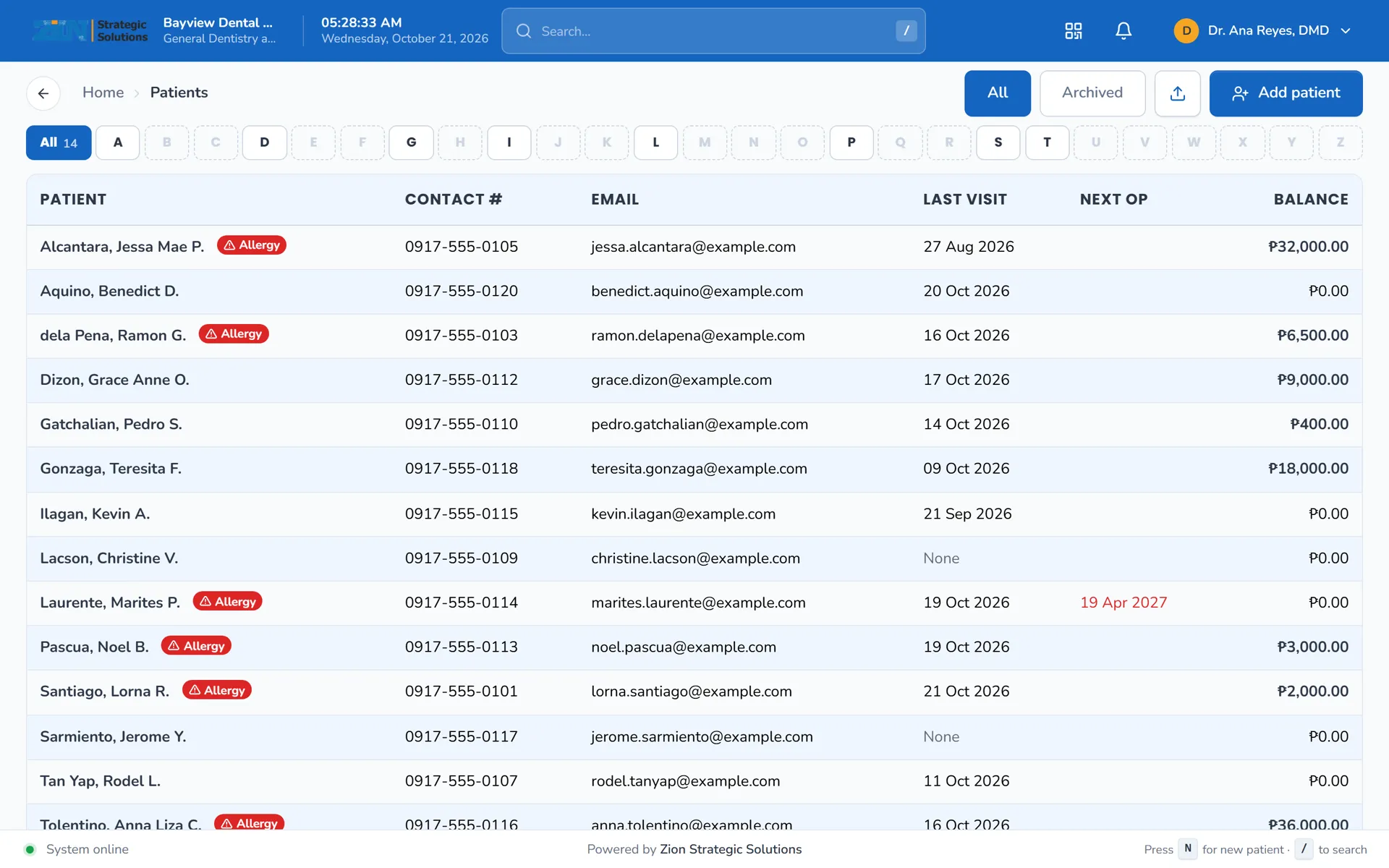 Patient list with contact details